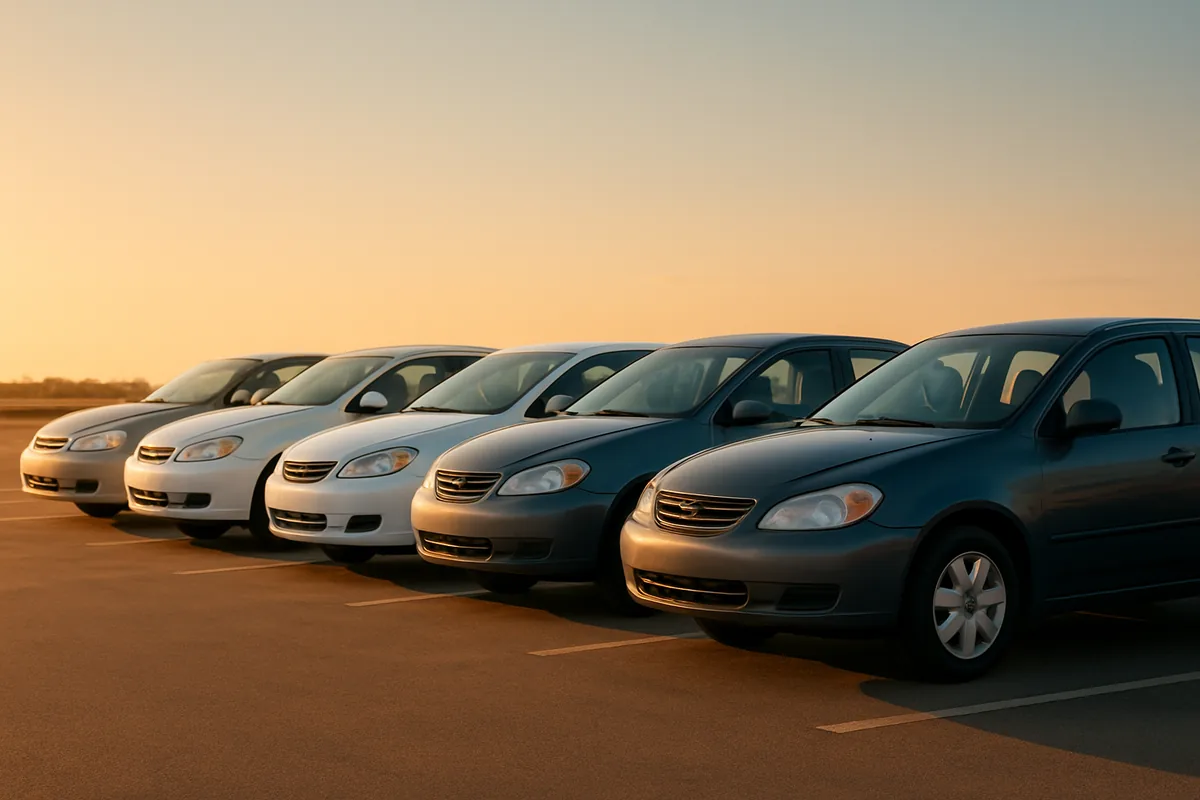 Rij geparkeerde tweedehands auto's in neutrale kleuren op een nette parkeerplaats bij zonsondergang